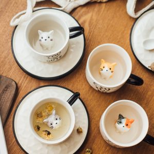 萌寵立體小貓咪錘紋咖啡杯碟組