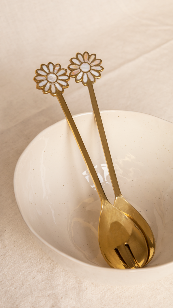 荷蘭 À la Collection 手工黃銅鑲珍珠母貝 雛菊沙拉叉勺餐具組