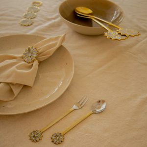 荷蘭 À la Collection 手工黃銅鑲珍珠母貝 雛菊餐具點心叉(2入)