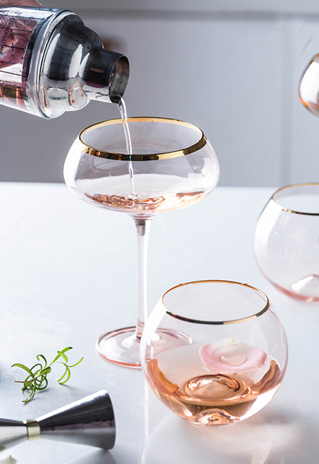【Summer Sale】粉色水晶玻璃金邊酒杯/大肚水杯
